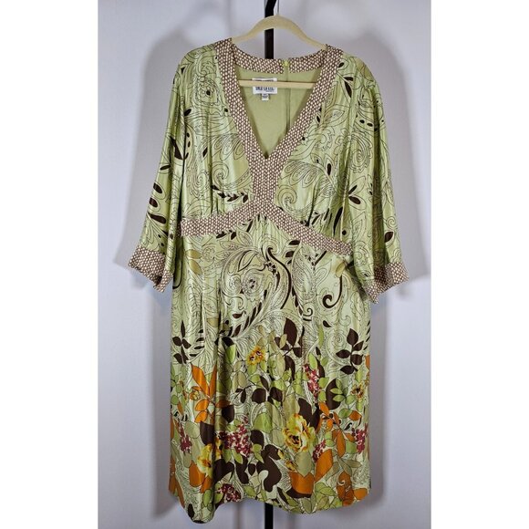 Yves Cossette Depeche Mode Silk Floral Green Brown Dress SZ 18W - Picture 1 of 8